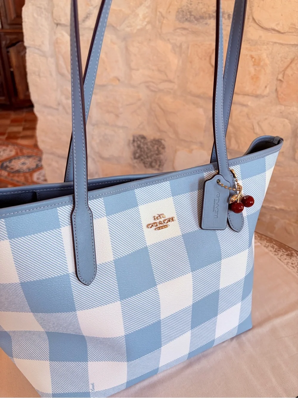Coach Blue and White Gingham Tote with Cherry Charm